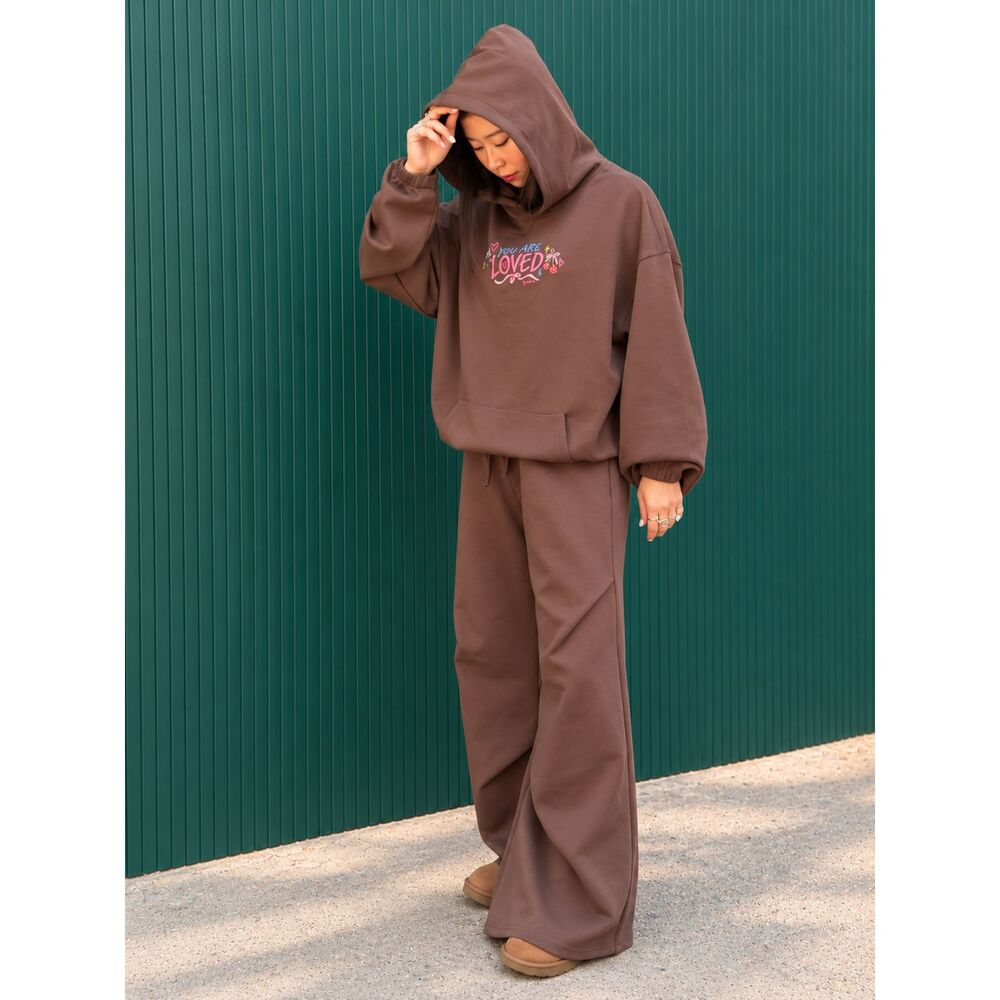 By Bobbie Chocolate Brown You Are Loved Hoodie & Wide Leg Sweat Set